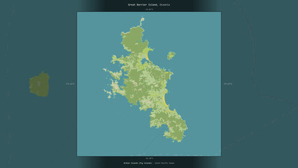Great Barrier Island, New Zealand, highlighted and labelled. Topo Humanitarian © zelwanka