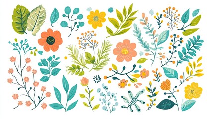 A collection of hand-drawn floral elements, including leaves, flowers, and branches, in a variety of colors.
