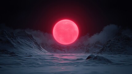 Red Moon Over Snowy Mountains   Dramatic Landscape Scene