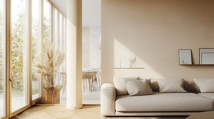  Beige home living room interior with rest and dining zone, window. Mockup wall 