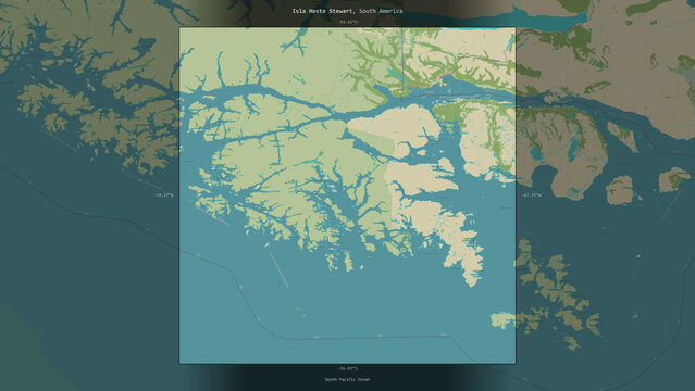 Isla Hoste Stewart, Chile, highlighted and labelled. Topo Humanitarian