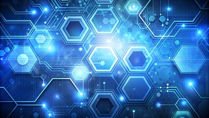 Abstract blue technology background with hexagon circuit boards and circular elements