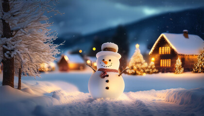 Obraz premium Snowman, Winter Wonderland, Snow, Christmas, Christmas Decoration, Landscape Scenery, Village, Nature Ambience, Outdoor, Night, Wallpaper, Screensaver, Background