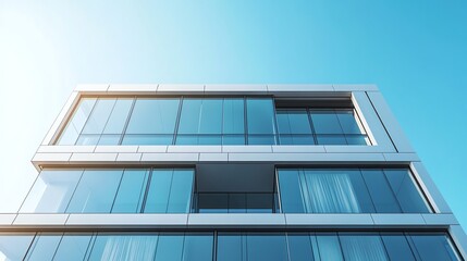 A modern office building with large windows against a clear blue sky.