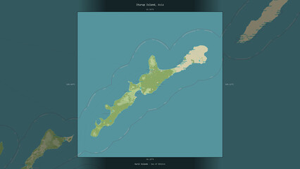 Iturup Island, Russia, highlighted and labelled. Topo Humanitarian © zelwanka