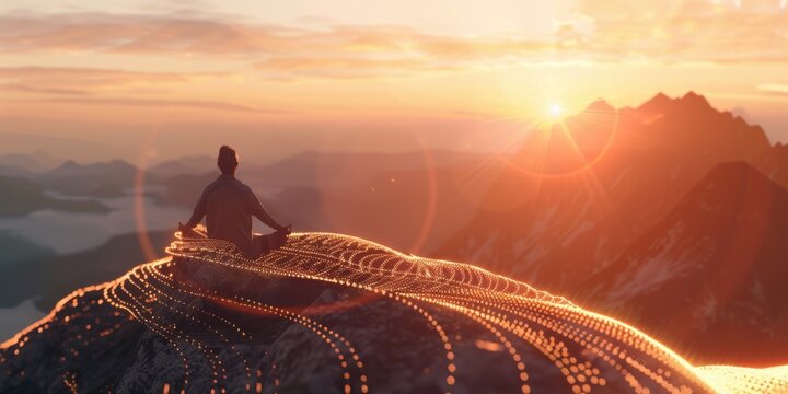A close-up of a person meditating on a mountaintop at sunrise
