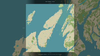 Jura Island, United Kingdom, highlighted and labelled. Topo Humanitarian © zelwanka
