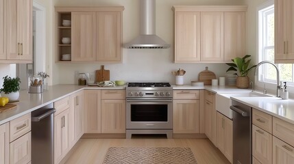 Modern Kitchen Interior Design with Stainless Steel Appliances and Light Wood Cabinets