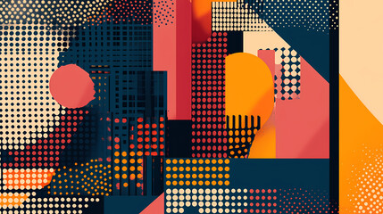 Exaggerated polka dot design with dynamic dot clusters and modern architectural backdrop. Pointillist Art. Illustration