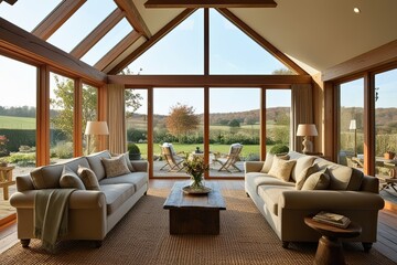 Fototapeta premium Cozy Rural Retreat with Expansive Windows and Tranquil Garden View in a Warm Interior Setting