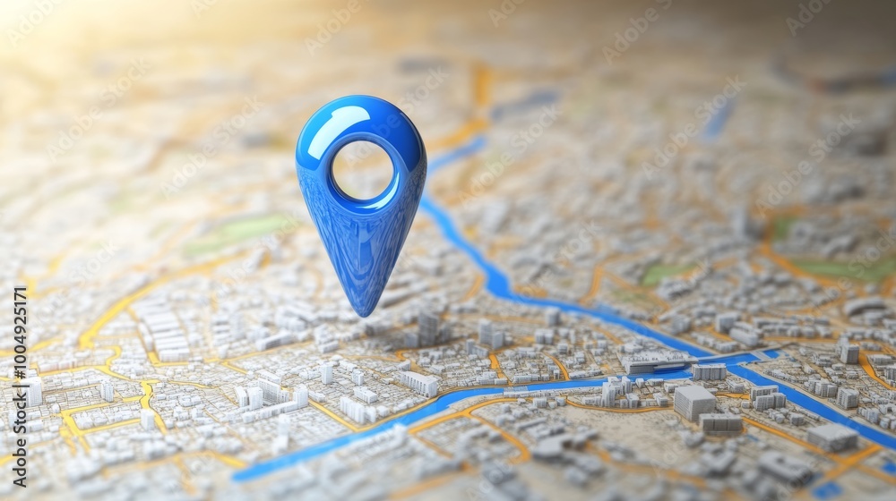 Poster blue location pin hovering over city map indicating navigation concept