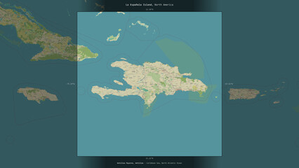La Espanola Island, Haiti, Dominican Republic, highlighted and labelled. Topo Humanitarian © zelwanka