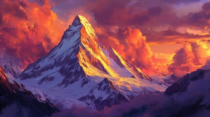 A majestic snow-capped mountain peak glows with golden light as the sun sets, casting dramatic shadows across the landscape.