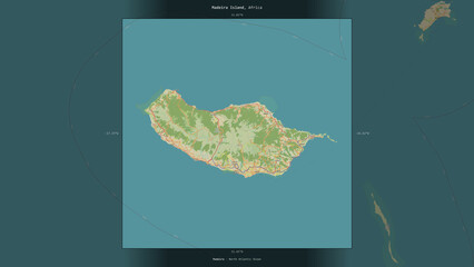 Madeira Island, Portugal, highlighted and labelled. Topo Humanitarian © zelwanka