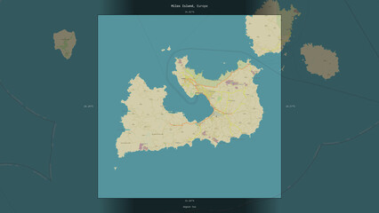 Milos Island, Greece, highlighted and labelled. Topo Humanitarian