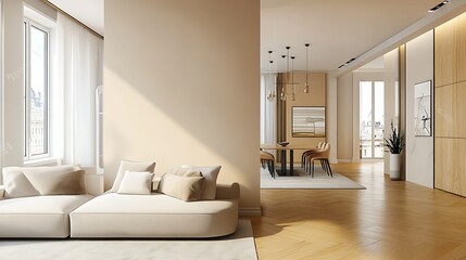  Beige home living room interior with rest and dining zone, window. Mockup wall 