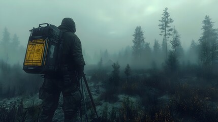 Fototapeta premium A lone figure walks through a dense, foggy forest, carrying a large backpack, shrouded in mystery. The air is thick with anticipation, creating a sense of suspense and adventure.