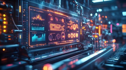 Obraz premium Smart factory interface in neon hues, showing detailed real-time quality control stats for numerous production lines, futuristic machinery surrounding it