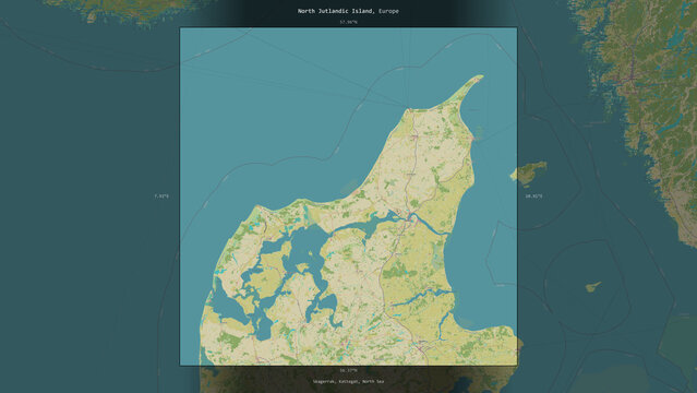 North Jutlandic Island, Denmark, highlighted and labelled. Topo Humanitarian