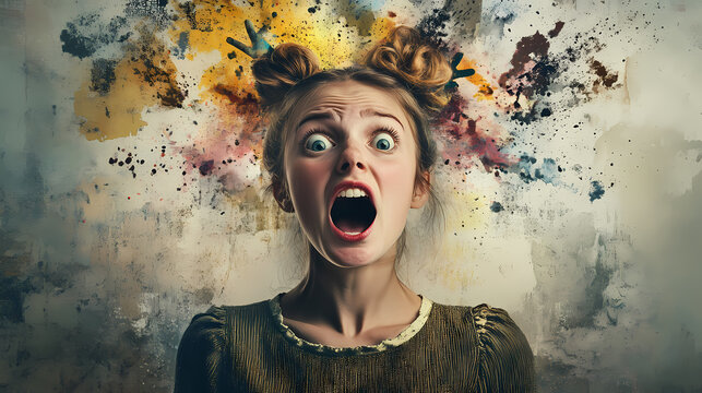 Creative montage collage amazed girl point frustrated reaction misunderstanding shocking emoji surreal artistic emotions expression digital art. Surreal Collage. Illustration
