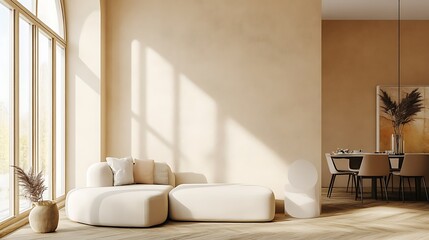  Beige home living room interior with rest and dining zone, window. Mockup wall 