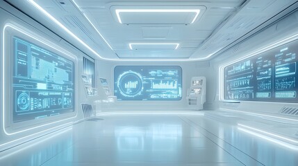 Fototapeta premium Minimalistic white control room with holograms displaying real-time food quality stats, futuristic AI interfaces, blue and white lights, 3D model style, high-resolution