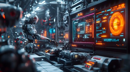 Obraz premium Futuristic factory scene, AI inspecting packaged goods with holographic screens showing real-time data, surrounded by robotic arms, Cyberpunk, Neon, 3D