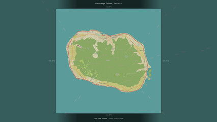 Rarotonga Island, Cook Islands, highlighted and labelled. Topo Humanitarian © zelwanka