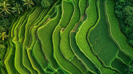 Fototapeta premium Lush green terraced rice fields in Bali, Indonesia, showcasing intricate patterns during the sunny afternoon