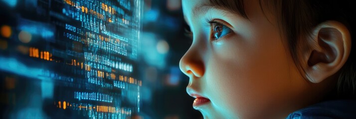Little child with digital code data overlay, cyberspace and information technology of the future. Ai education and cybersecurity