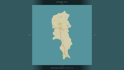 Sal Island, Cape Verde, highlighted and labelled. Topo Humanitarian © zelwanka