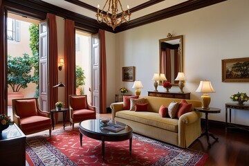 Fototapeta premium Elegant Neo-Classical Suite Interior Design with Spacious Layout and Courtyard Access