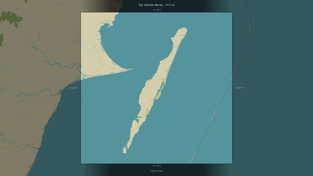 Ile Sainte-Marie, Madagascar, highlighted and labelled. Topo Humanitarian