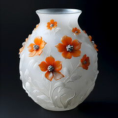 White glass vase with orange and silver applied flowers