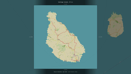 Santiago Island, Cape Verde, highlighted and labelled. Topo Humanitarian © zelwanka