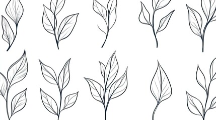 A set of twelve hand drawn tea leaves with detailed veins. The leaves are in black on a white background.