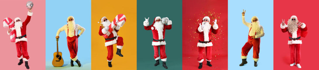 Set of Santa Claus having fun on color background