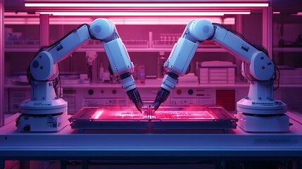 Robotic arms inspecting food quality with light sensors, futuristic lab environment, soft neon lighting, digital painting, clean and high-tech atmosphere