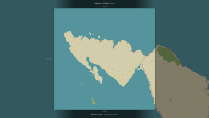 Supiori Island, Indonesia, highlighted and labelled. Topo Humanitarian © zelwanka
