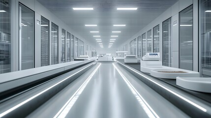 Obraz premium Futuristic, sterile factory floors where AI-powered machines continuously analyze food for contaminants