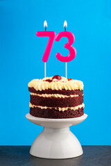 Red velvet birthday cake with number 73 candle