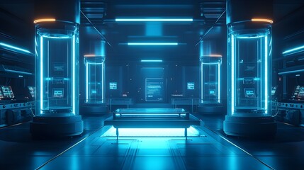 A futuristic food factory with drones scanning and robotic arms managing the process, augmented reality displays showcasing AI-driven insights, soft blue neon lighting, sci-fi style