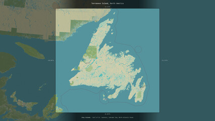 Terranova Island, Canada, highlighted and labelled. Topo Humanitarian © zelwanka