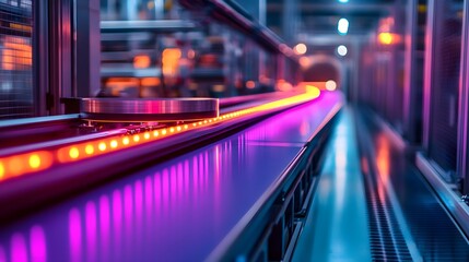 Advanced food plant with AI-driven lasers scanning vegetables for imperfections, neon-lit machinery, sleek industrial design with precise automation