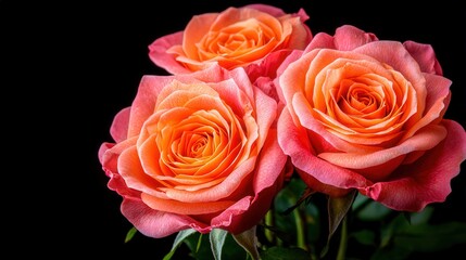Obraz premium Three Vibrant Orange Roses on Black Background Romantic Floral Photography
