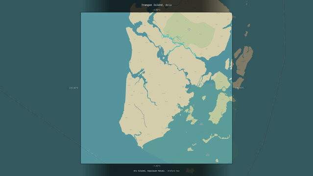 Trangan Island, Indonesia, highlighted and labelled. Topo Humanitarian