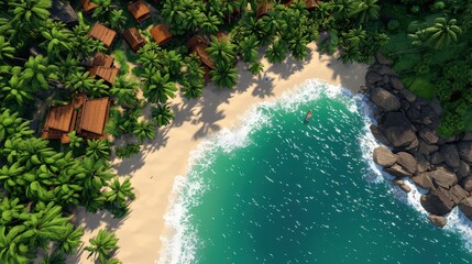 Fototapeta premium Tropical Beach Paradise Aerial View of Palm Trees Sandy Shore and Turquoise Waters
