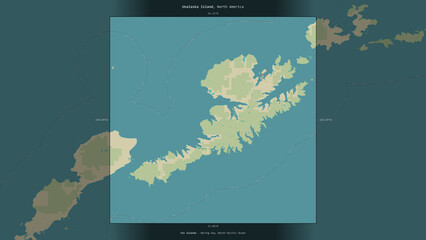 Unalaska Island, United States, highlighted and labelled. Topo Humanitarian © zelwanka