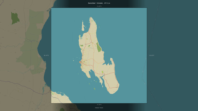 Zanzibar Island, Tanzania, highlighted and labelled. Topo Humanitarian