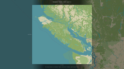 Vancouver Island, Canada, highlighted and labelled. Topo Humanitarian © zelwanka